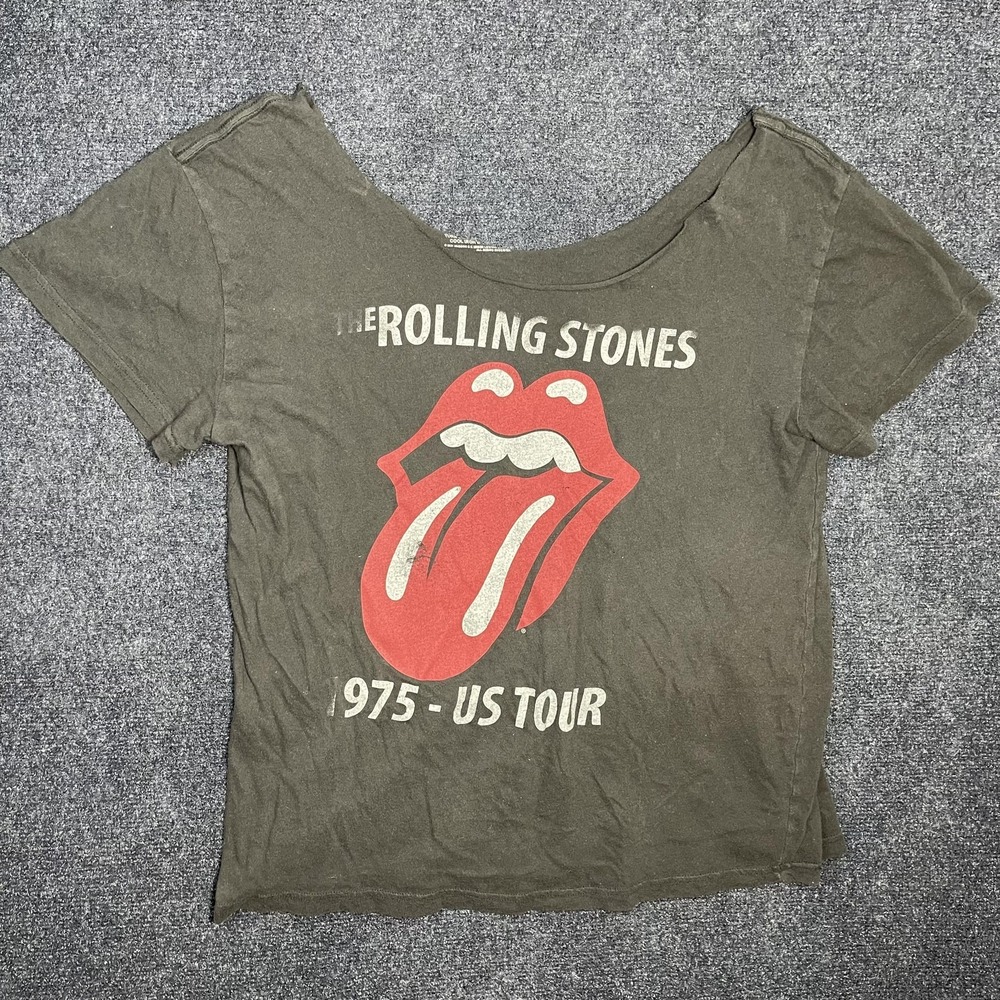 Rolling Stones Shirt Womens Large Black Cropped 1975 US Tour Band Tee‎ T-Shirt